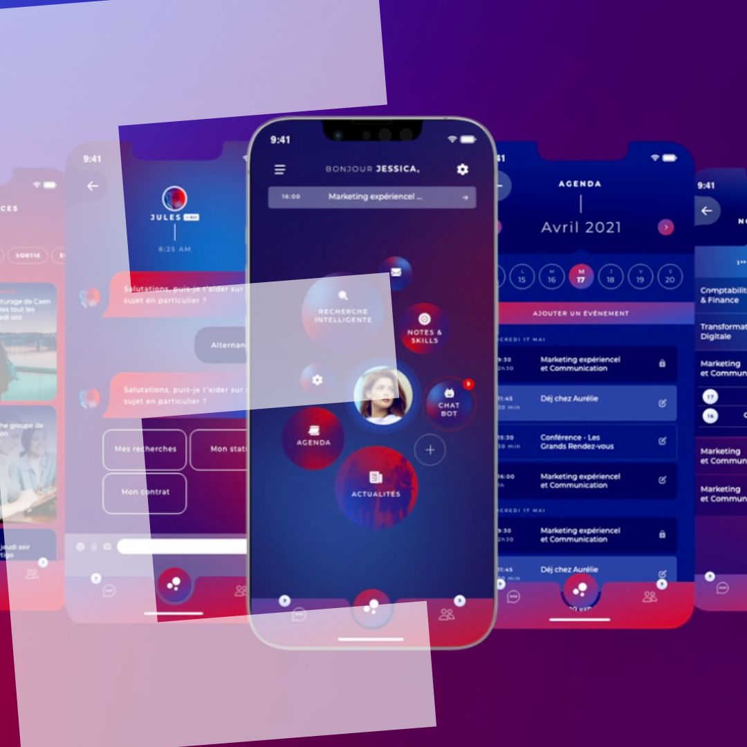 Un ensemble d'écrans d'une application mobile est affiché avec une interface aux dégradés de bleu et violet. Au centre, un smartphone montre l'écran principal de l'application, entouré de superpositions semi-transparentes qui ajoutent un effet visuel stylisé.